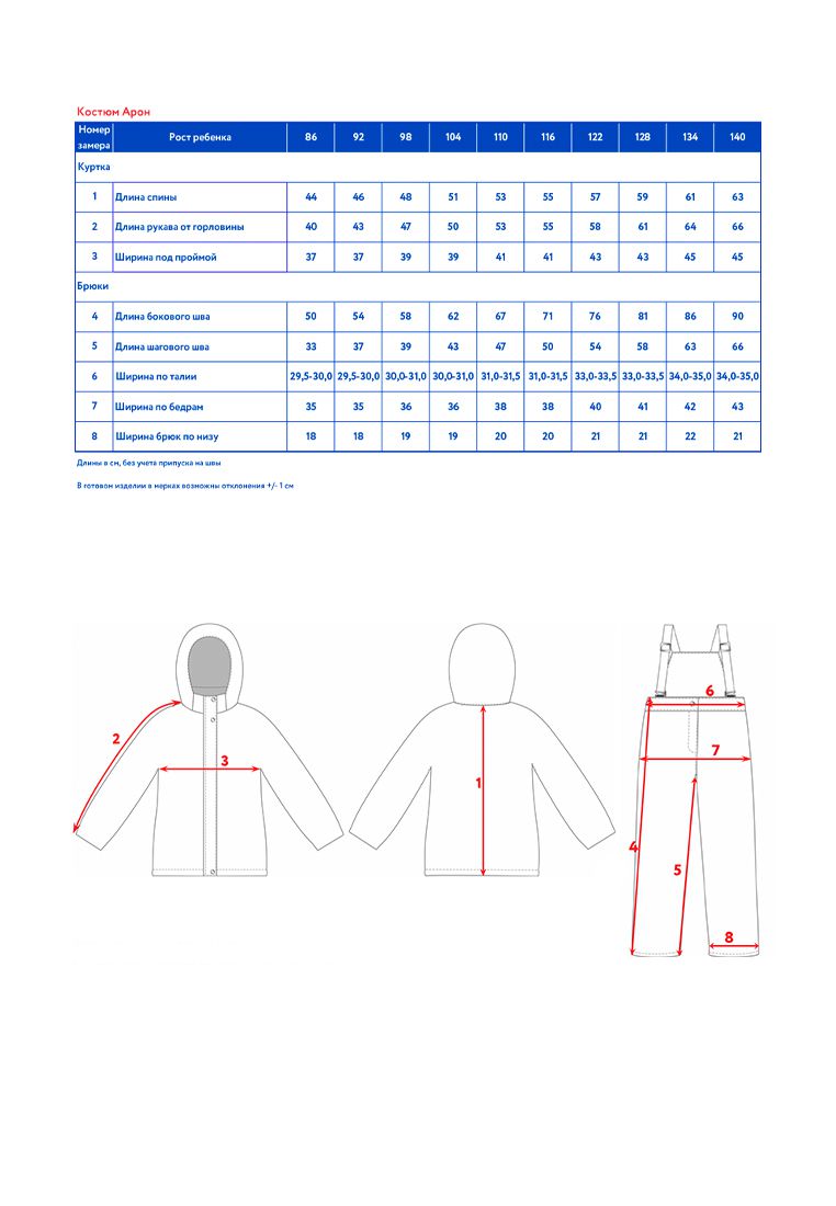 таблица размера одежды Костюм (куртка + брюки)  д/мал. Арон