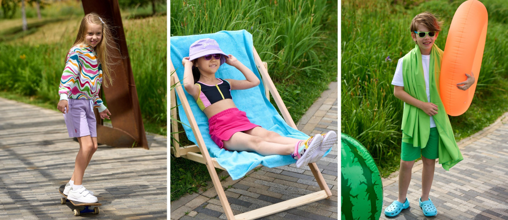 Девочка едет на скейте, девочка на шезлонге, мальчик стоит с надувным кругом.